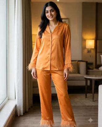 Satin PJ set with feathers - option 2 - Tangerine
