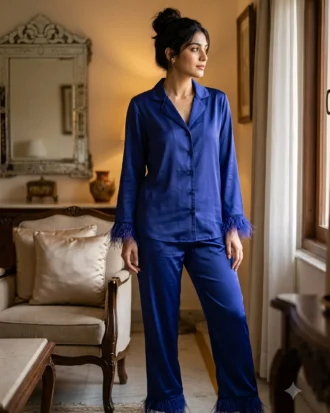 Satin PJ set with feathers - option 2 - Deep Royal