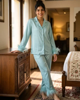 Satin PJ set with feathers - option 1 - Aqua