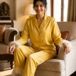 Satin PJ set with feathers - option 2 - Sunny Yellow