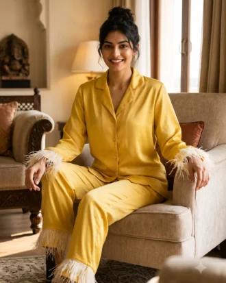 Satin PJ set with feathers - option 2 - Sunny Yellow
