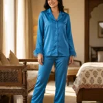 Satin PJ set with feathers - option 2 - Scuba Blue