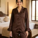 Frill Trimmed Valentina PJ set - Satin - Chocolate