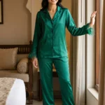 Satin PJ set with feathers - option 2 - Emerald