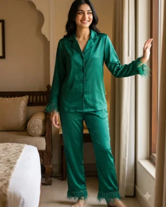 Satin PJ set with feathers - option 2 - Emerald