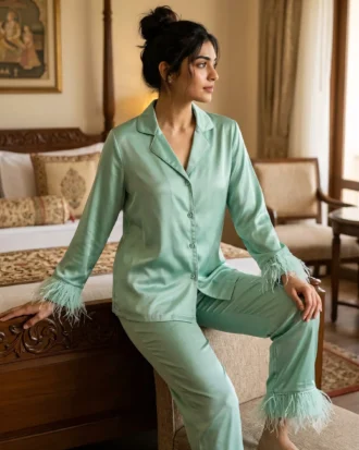 Satin PJ set with feathers - option 2 - Mint