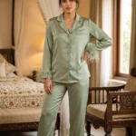 Satin PJ set with feathers - option 2 - Sage