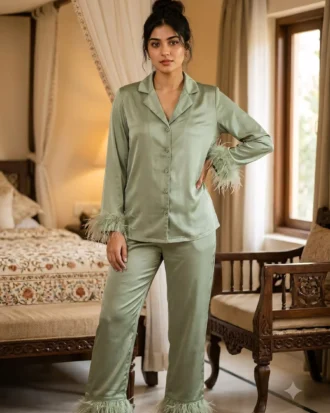 Satin PJ set with feathers - option 2 - Sage