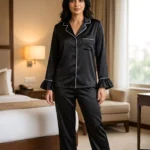 Frill Trimmed Valentina PJ set - Satin - Black