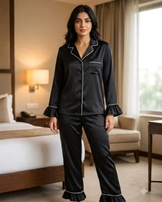 Frill Trimmed Valentina PJ set - Satin - Black