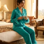 Satin PJ set with feathers - option 2 - Turquoise