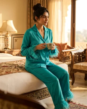 Satin PJ set with feathers - option 2 - Turquoise