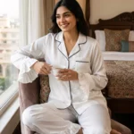 Frill Trimmed Valentina PJ set - Satin - White