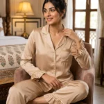 Frill Trimmed Valentina PJ set - Satin - Champagne
