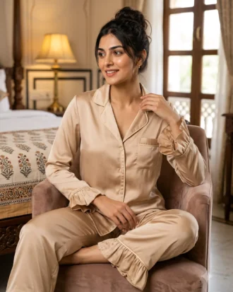 Frill Trimmed Valentina PJ set - Satin - Champagne