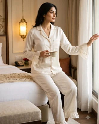 Frill Trimmed Valentina PJ set - Satin - Ivory