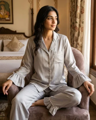Frill Trimmed Valentina PJ set - Satin - Silver