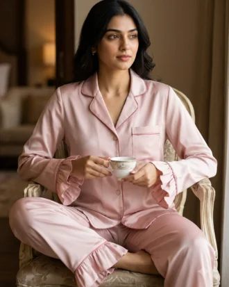 Frill Trimmed Valentina PJ set - Satin - Blush