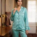 Frill Trimmed Valentina PJ set - Satin - Aqua