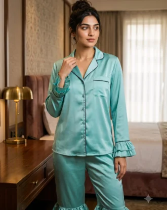 Frill Trimmed Valentina PJ set - Satin - Aqua
