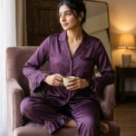 Frill Trimmed Valentina PJ set - Satin - Eggplant/Aubergine