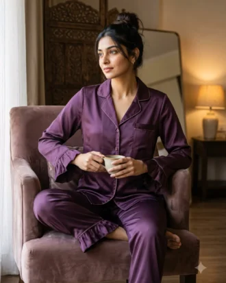 Frill Trimmed Valentina PJ set - Satin - Eggplant/Aubergine