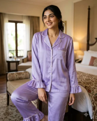 Frill Trimmed Valentina PJ set - Satin - Lavender