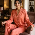 Frill Trimmed Valentina PJ set - Satin - Coral
