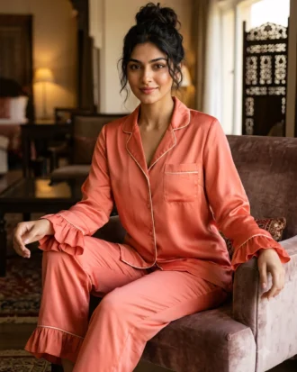 Frill Trimmed Valentina PJ set - Satin - Coral