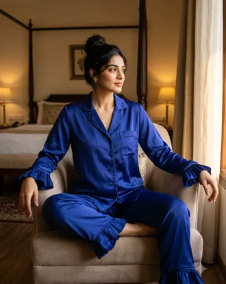 Frill Trimmed Valentina PJ set - Satin - Deep Royal