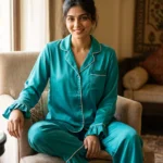 Frill Trimmed Valentina PJ set - Satin - Turquoise