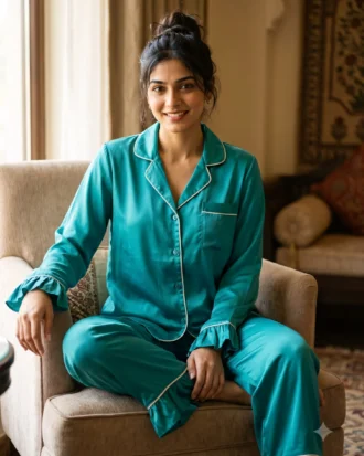 Frill Trimmed Valentina PJ set - Satin - Turquoise