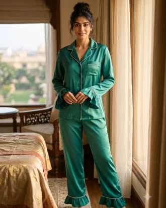 Frill Trimmed Valentina PJ set - Satin - Emerald