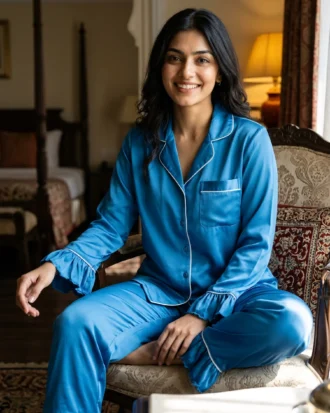 Frill Trimmed Valentina PJ set - Satin - Scuba Blue