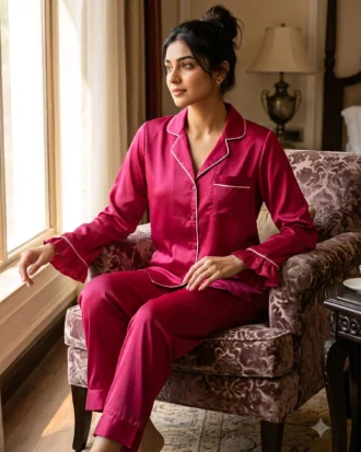 Frill Trimmed Valentina PJ set - Satin - Fuchsia