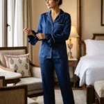 Frill Trimmed Valentina PJ set - Satin - Navy