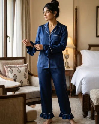 Frill Trimmed Valentina PJ set - Satin - Navy