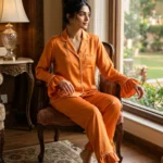 Frill Trimmed Valentina PJ set - Satin - Tangerine