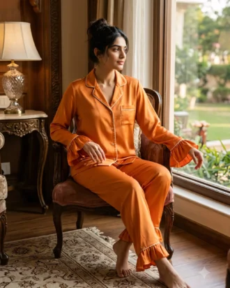 Frill Trimmed Valentina PJ set - Satin - Tangerine