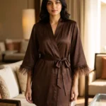 Satin robe with fethers - option 2 - Chocolate