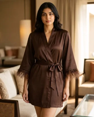 Satin robe with fethers - option 2 - Chocolate