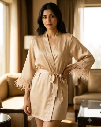 Satin robe with fethers - option 2 - Champagne