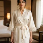 Satin robe with fethers - option 2 - Ivory