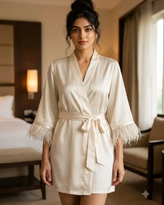 Satin robe with fethers - option 2 - Ivory