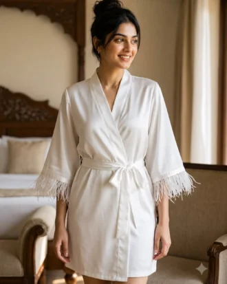 Satin robe with fethers - option 2 - White
