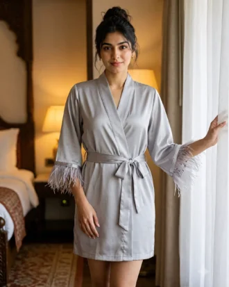 Satin robe with fethers - option 2 - Silver