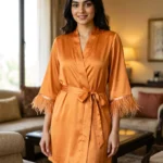 Satin robe with fethers - option 2 - Tangerine