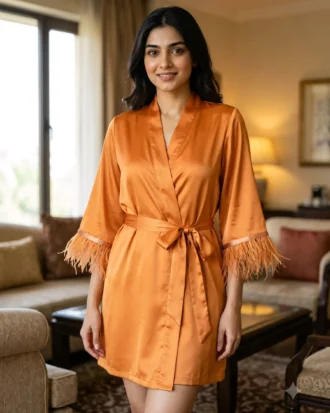 Satin robe with fethers - option 2 - Tangerine