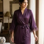 Satin robe with fethers - option 2 - Eggplant/Aubergine