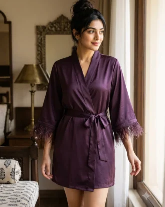 Satin robe with fethers - option 2 - Eggplant/Aubergine